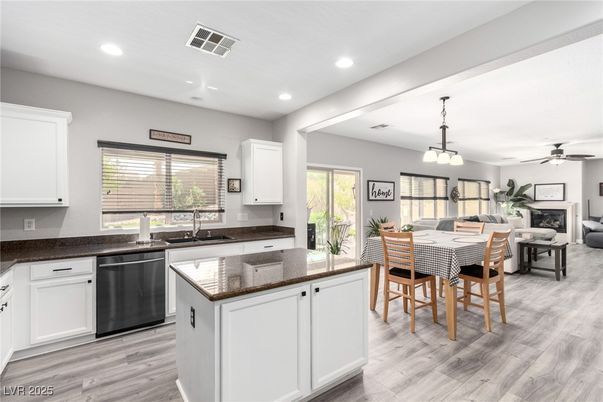 Dining room, Fireplace, Interior, Kitchen, Living room, Pendant Lights, Recessed Lighting, Wood Texture Flooring