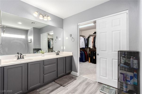 Bathroom, Dual Sink Vanities, Interior, Walk-in Closets, Wood Texture Flooring