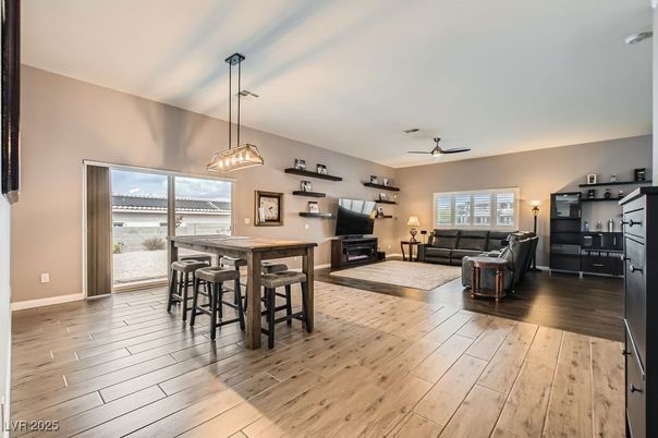 Dining room, Interior, Kitchen, Living room, Pendant Lights, Wood Texture Flooring