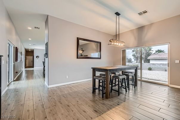 Dining room, Interior, Pendant Lights, Recessed Lighting, Wood Texture Flooring