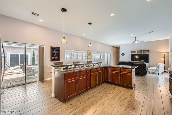 Interior, Kitchen, Living room, Pendant Lights, Recessed Lighting, Wood Texture Flooring