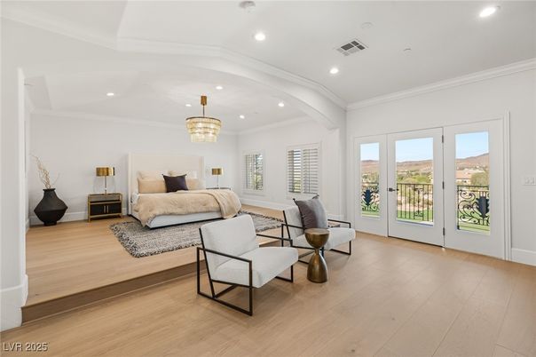 Bedroom, Chandelier, Interior, Pendant Lights, Recessed Lighting, Wood Texture Flooring