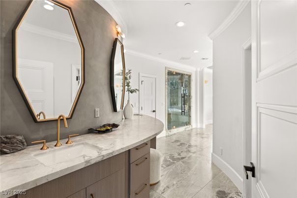 Bathroom, Dual Sink Vanities, Glass Shower, Interior, Marble, Recessed Lighting