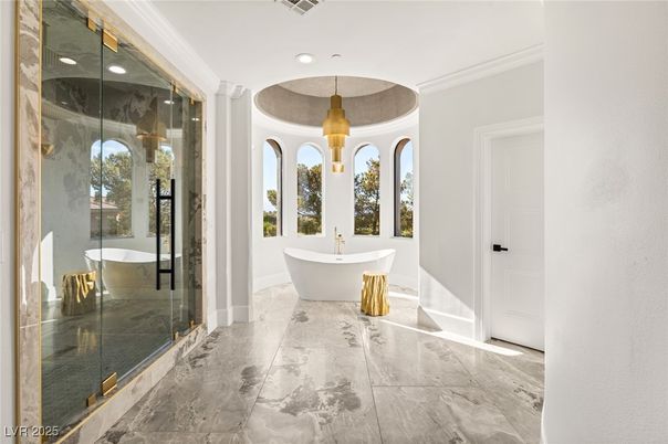 Bathroom, Free Standing Baths, Glass Shower, Interior, Marble, Pendant Lights, Recessed Lighting