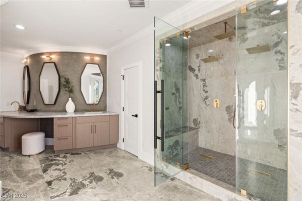 Bathroom, Dual Sink Vanities, Glass Shower, Interior, Marble Walls, Recessed Lighting