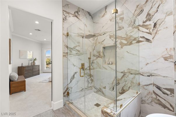 Bathroom, Glass Shower, Interior, Marble Walls, Recessed Lighting