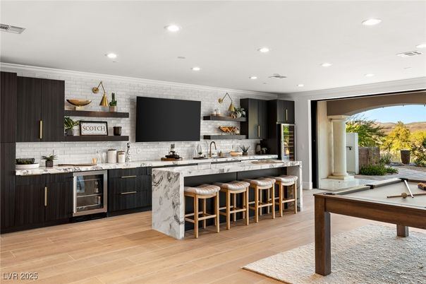 Billiard Table, Game Room, Interior, Kitchen, Recessed Lighting, Stone Walls, Wood Texture Flooring