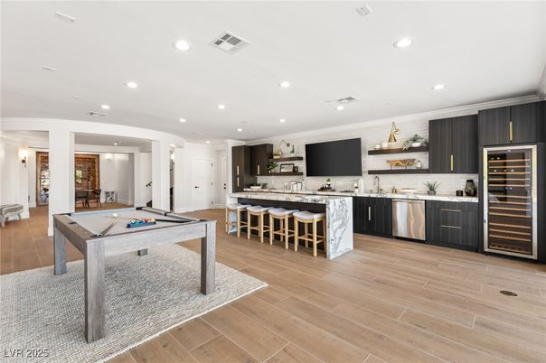 Billiard Table, Game Room, Interior, Kitchen, Recessed Lighting, Stainless Steel Appliances, Wood Texture Flooring
