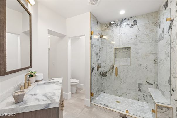 Bathroom, Glass Shower, Interior, Marble Walls, Recessed Lighting