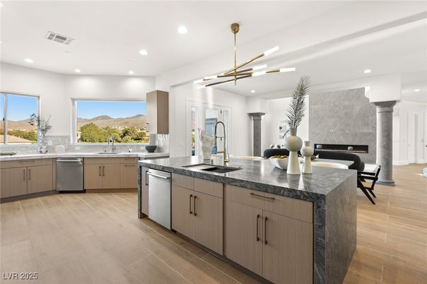 Fireplace, Interior, Kitchen, Pendant Lights, Recessed Lighting, Stainless Steel Appliances, Wood Texture Flooring