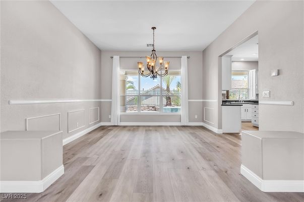 Chandelier, Empty room, Interior, Recessed Lighting, Wood Texture Flooring