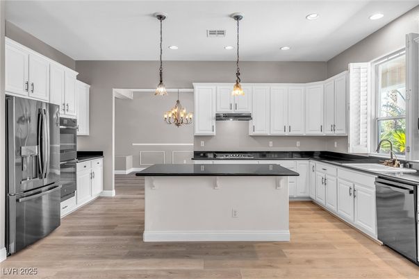 Interior, Kitchen, Pendant Lights, Recessed Lighting, Stainless Steel Appliances, Wood Texture Flooring