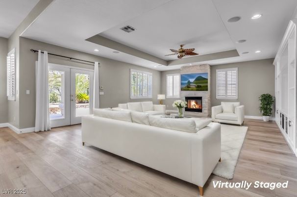 Fireplace, Interior, Living room, Recessed Lighting, Wood Texture Flooring