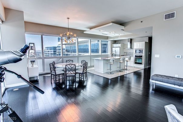 Dining room, Interior, Kitchen, Pendant Lights, Recessed Lighting, Stainless Steel Appliances, Wood Texture Flooring