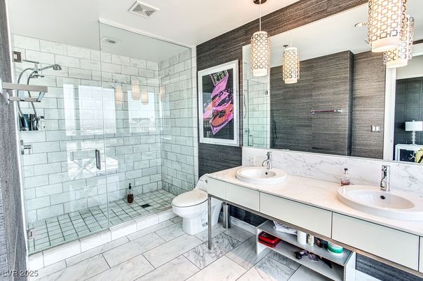 Bathroom, Dual Sink Vanities, Glass Shower, Interior, Marble, Pendant Lights
