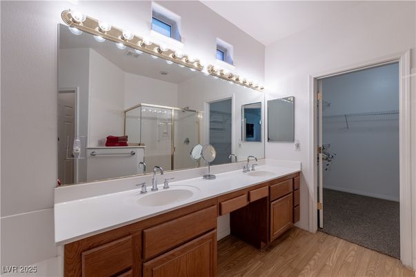 Bathroom, Dual Sink Vanities, Glass Shower, Interior, Wood Texture Flooring