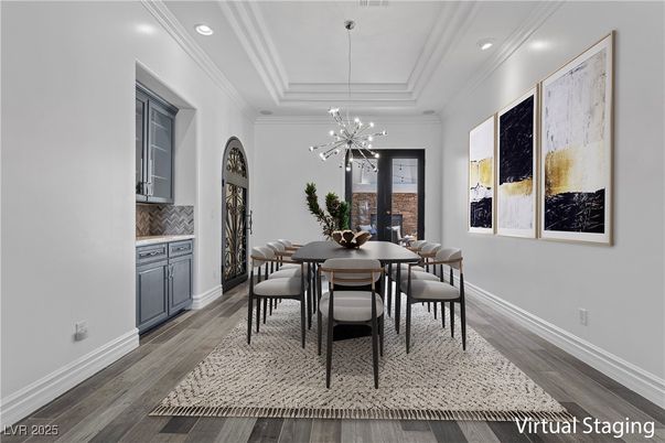 Dining room, Interior, Pendant Lights, Recessed Lighting, Wood Texture Flooring