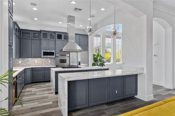 Interior, Kitchen, Pendant Lights, Recessed Lighting, Stainless Steel Appliances, Wood Texture Flooring