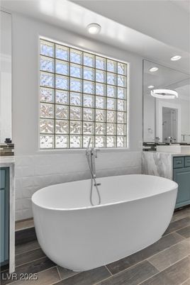 Bathroom, Free Standing Baths, Interior, Recessed Lighting, Wood Texture Flooring