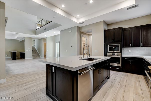 Interior, Kitchen, Recessed Lighting, Stainless Steel Appliances, Wood Texture Flooring