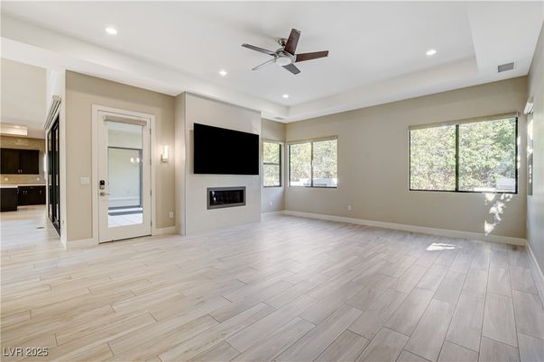 Empty room, Fireplace, Interior, Recessed Lighting, Wood Texture Flooring