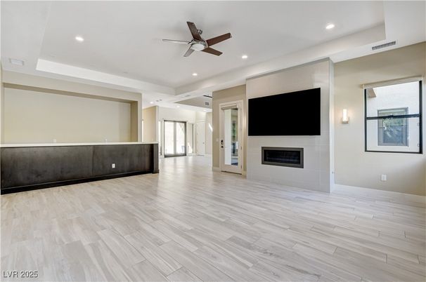 Empty room, Fireplace, Interior, Recessed Lighting, Wood Texture Flooring