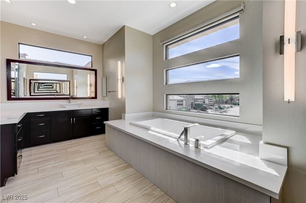 Bathroom, Dual Sink Vanities, Interior, Recessed Lighting, Wood Texture Flooring