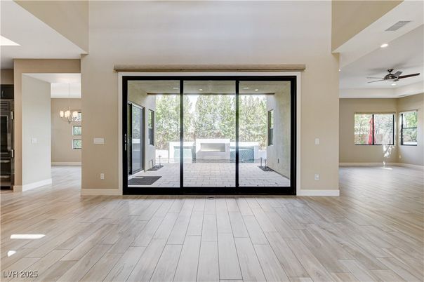Chandelier, Empty room, Interior, Recessed Lighting, Wood Texture Flooring