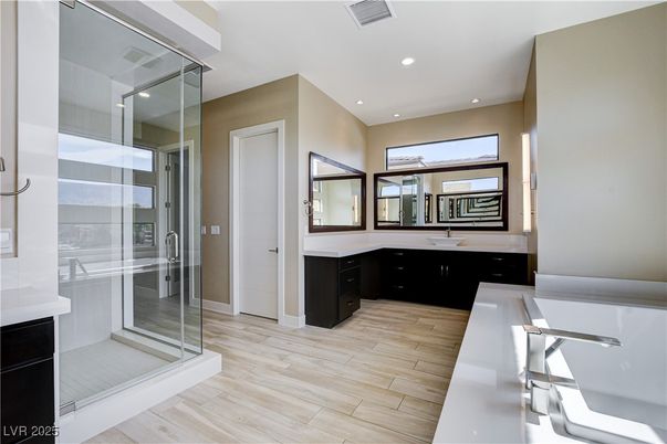 Bathroom, Glass Shower, Interior, Recessed Lighting, Wood Texture Flooring