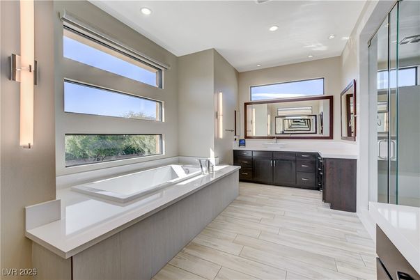 Bathroom, Dual Sink Vanities, Interior, Recessed Lighting, Wood Texture Flooring