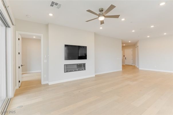 Empty room, Fireplace, Interior, Recessed Lighting, Wood Texture Flooring