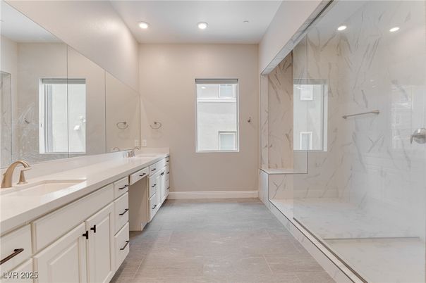 Bathroom, Dual Sink Vanities, Glass Shower, Interior, Marble Walls, Recessed Lighting