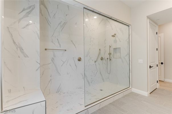 Bathroom, Glass Shower, Interior, Marble Walls, Recessed Lighting, Wood Texture Flooring