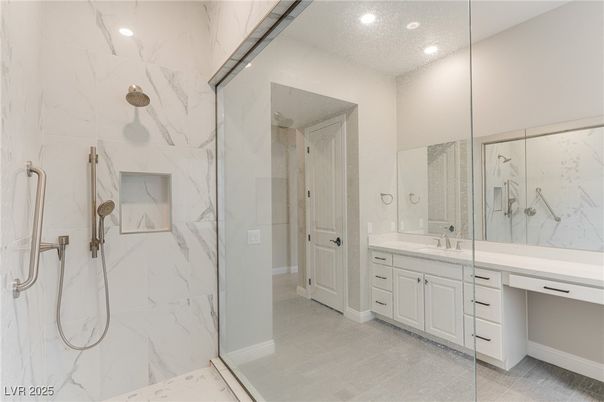 Bathroom, Glass Shower, Interior, Marble Walls, Recessed Lighting