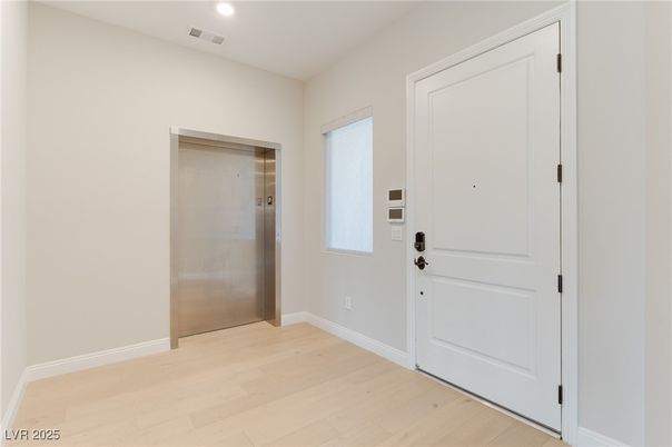 Elevator, Empty room, Interior, Recessed Lighting, Wood Texture Flooring