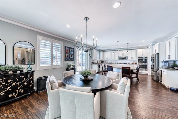 Dining room, Interior, Kitchen, Pendant Lights, Recessed Lighting, Stainless Steel Appliances, Wood Texture Flooring