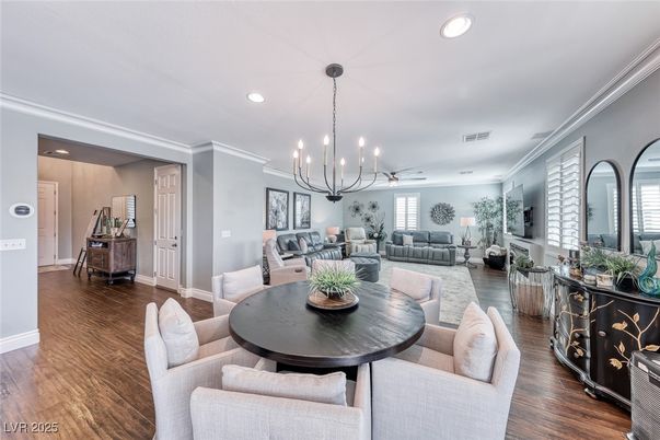 Dining room, Interior, Living room, Pendant Lights, Recessed Lighting, Wood Texture Flooring