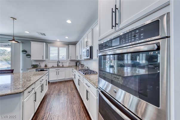 Interior, Kitchen, Pendant Lights, Recessed Lighting, Stainless Steel Appliances, Wood Texture Flooring