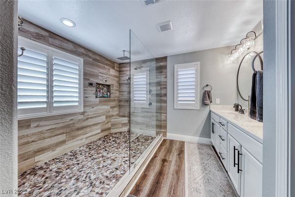 Bathroom, Glass Shower, Interior, Recessed Lighting, Wood Texture Flooring, Wooden Walls