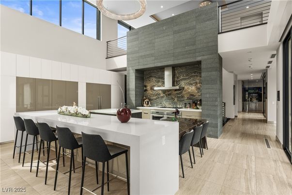 Interior, Kitchen, Recessed Lighting, Stone Walls, Wood Texture Flooring