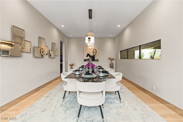 Dining room, Interior, Pendant Lights, Recessed Lighting, Wood Texture Flooring