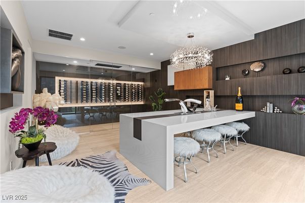 Chandelier, Interior, Kitchen, Recessed Lighting, Wine Storage, Wood Texture Flooring