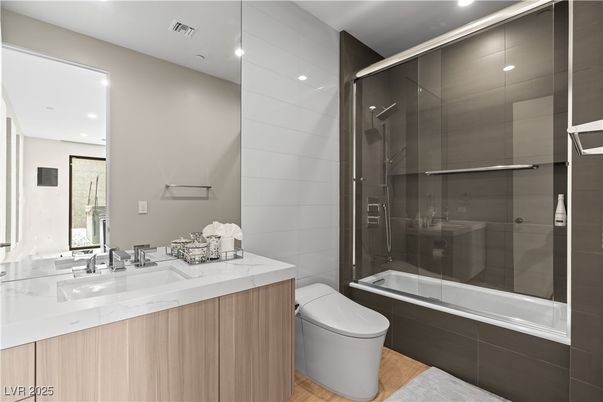 Bathroom, Glass Shower, Interior, Recessed Lighting, Wood Texture Flooring