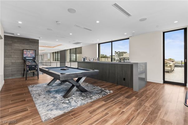 Billiard Table, Game Room, Interior, Recessed Lighting, Stone Walls, Wood Texture Flooring