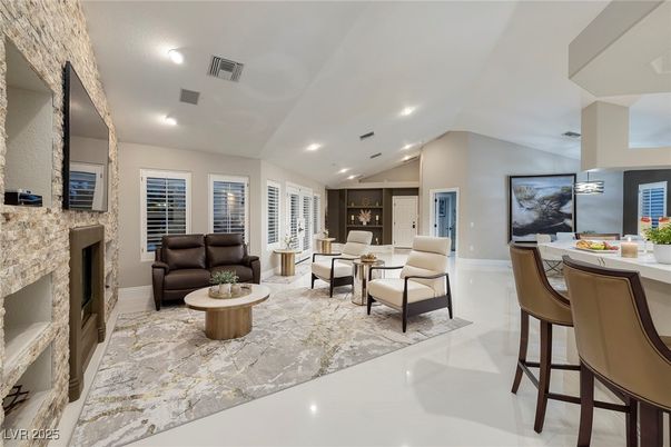 Fireplace, Interior, Living room, Recessed Lighting, Stone Walls