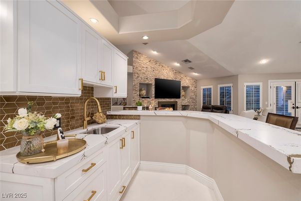 Fireplace, Interior, Kitchen, Recessed Lighting, Stone Walls