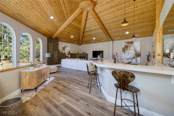 Interior, Living room, Pendant Lights, Recessed Lighting, Wooden Beams, Wooden Ceilings, Wood Texture Flooring