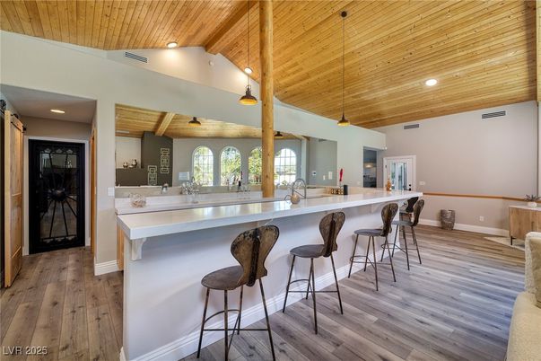 Interior, Kitchen, Pendant Lights, Recessed Lighting, Wooden Beams, Wooden Ceilings, Wood Texture Flooring