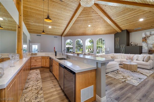 Interior, Kitchen, Living room, Pendant Lights, Recessed Lighting, Wooden Beams, Wooden Ceilings, Wood Texture Flooring