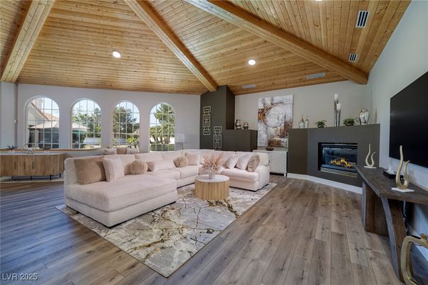 Fireplace, Interior, Living room, Recessed Lighting, Wooden Beams, Wooden Ceilings, Wood Texture Flooring